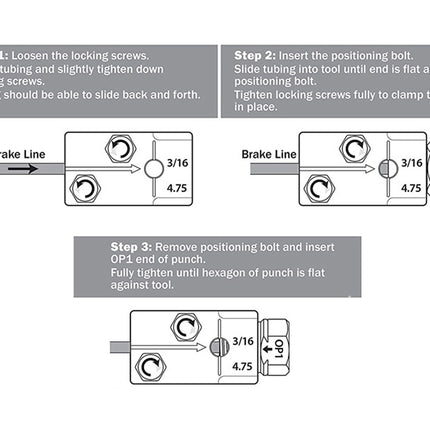 Step-by-step diagram for loosening, inserting, and tightening brake line components.