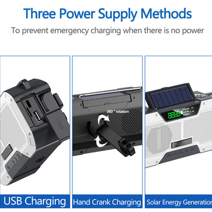 Three power supply methods for a device: USB charging, hand crank charging, and solar energy generation.