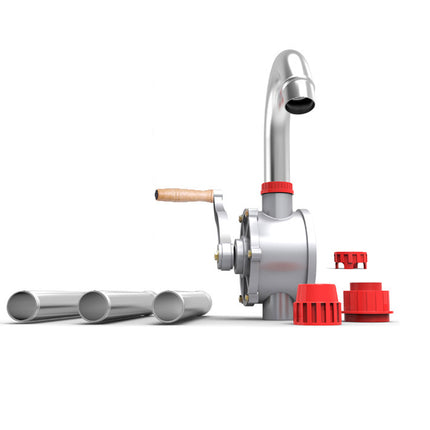 Metal faucet with red connectors and gray tubes on a white background