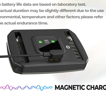 Magnetic charging device with text about battery life testing on a white background