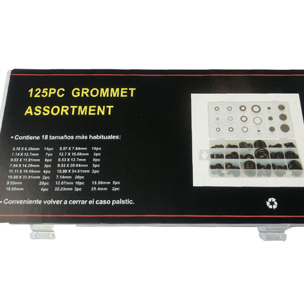 125-piece grommet assortment packaging with grommets displayed on a white background