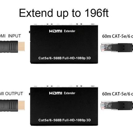 HDMI extender setup diagram with cables and connectors on a white background