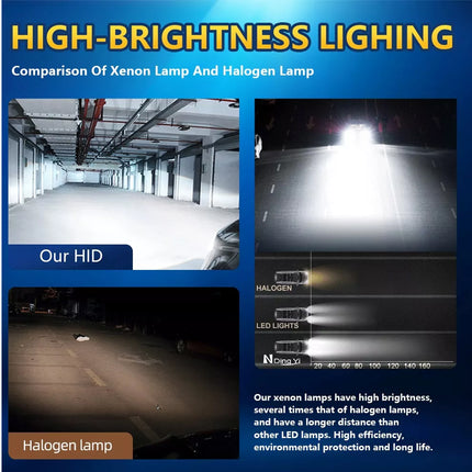 Comparison of xenon lamp and halogen lamp brightness in a warehouse setting.