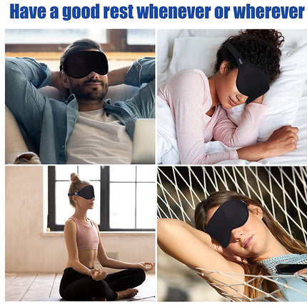 Collage of people wearing eye masks in various settings with text 'Have a good rest whenever or wherever'.