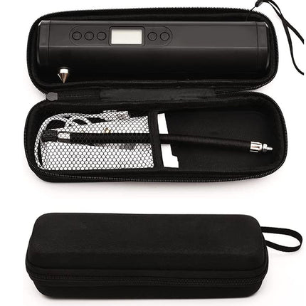 A black hard carrying case shown open and closed on a white background. When open, the case contains a black electronic device with a small display, a white mesh pocket, and a black tube or wand-like accessory.