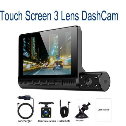 A 3-lens touch screen dash cam shown on a white background with text reading 'Touch Screen 3 Lens DashCam' at the top. The main product is a black rectangular dash cam with a glossy screen displaying a city night scene and a separate rear camera module attached on the right.