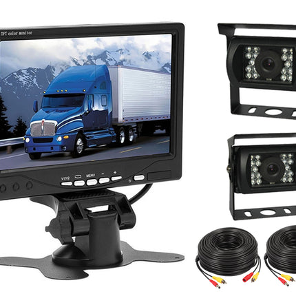 Monitor and two cameras with cables on a white background