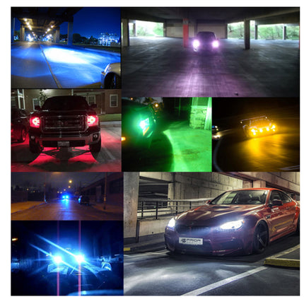 A 6-panel collage demonstrating the effects of different car headlight angles and light colors, including blue, purple, red, green, yellow, and white light beams on various roads and under overpasses.