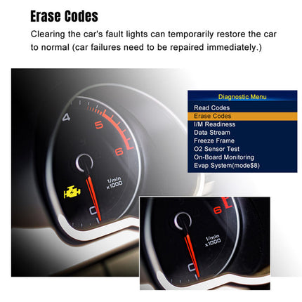 Car dashboard with diagnostic menu and fault light display.