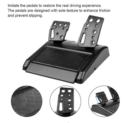 Black driving simulator pedals with sole texture on a white background