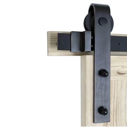 Barn door hardware with black metal bracket on a white background