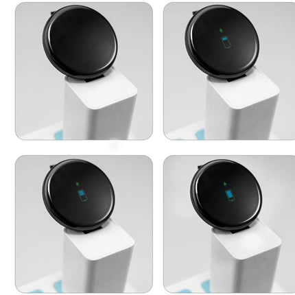 Four square images of a black circular device on a white pedestal with a gray background