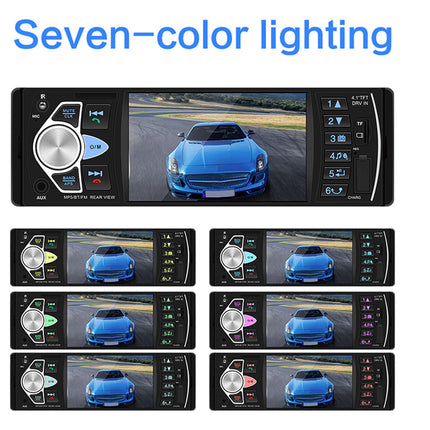A car stereo dashboard display shown in multiple color lighting modes under the heading 'Seven-color lighting.' The main large unit at the top displays a blue sports car on screen, with six smaller unit previews below showing different colored ambient light effects.