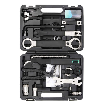 Bicycle tool kit with various tools in a black case on a white background
