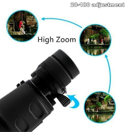Black high zoom camera lens with zoom adjustment feature on a white background
