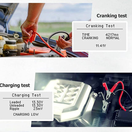 Automotive testing equipment with cranking and charging tests displayed on a screen.