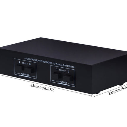 Black audio crossover network switch with dimensions on a white background