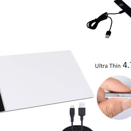 Thin LED drawing board with USB cable on a white background