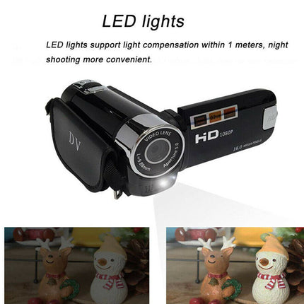 A black digital video camera with a built-in LED light pointed downward, shown on a white background with text explaining LED light compensation. Two small inset photos at the bottom demonstrate the camera's night-light effect, illuminating holiday figurines.