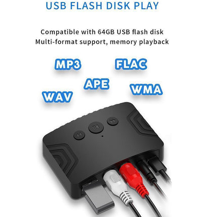 Black USB flash disk player with audio cables on a white background