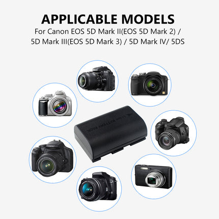 Collection of camera models and a battery on a white background with text indicating compatibility.