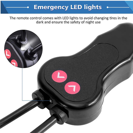 Black remote control with LED lights for emergency use, featuring text about safety in dark conditions.