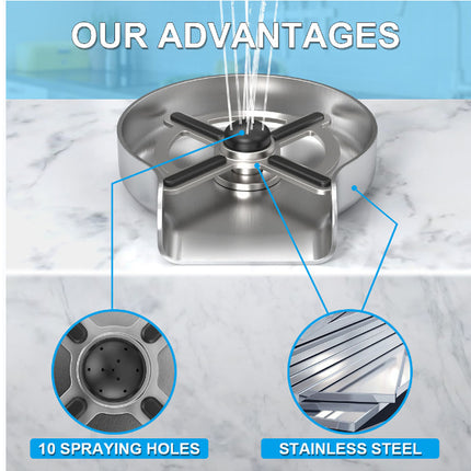 A stainless steel kitchen sink drain aerator shown under the text 'OUR ADVANTAGES' with blue callout lines pointing to circular inset details labeled '10 SPRAYING HOLES' and 'STAINLESS STEEL'.