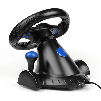 Black and blue steering wheel and pedals on a white background