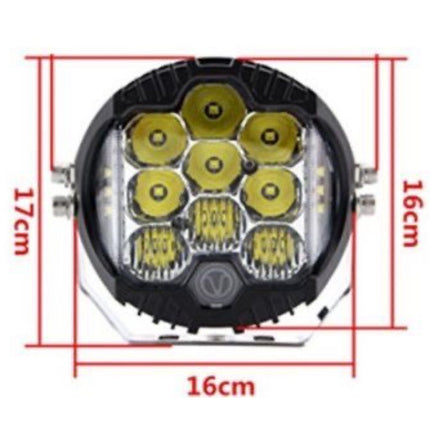 A round black LED off-road light with red dimension lines showing measurements of 16cm width, 16cm height, and 17cm depth on a white background.