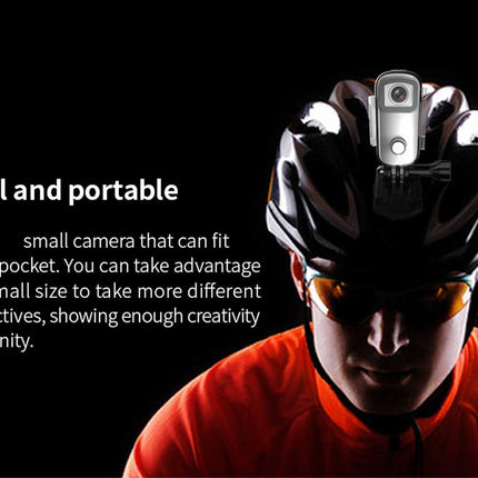 Person wearing a helmet with a small camera attached, on a black background.