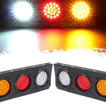 Two black rectangular vehicle light assemblies shown on a white background, with a faded demo image above showing the lights illuminated in white, red, and yellow.