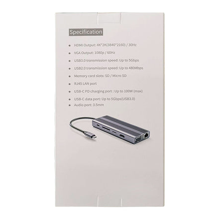 The packaging box for a 7-in-1 multi-port USB hub, showing product specifications and a small product illustration of the silver hub with a black cable on a white background.