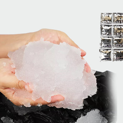 A person's hands holding a pile of translucent ice cubes over a black bag, with a small inset showing a grid of packaged ice cubes on a white background.