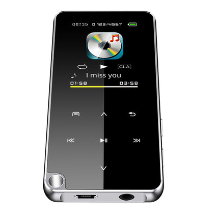 A silver and black portable MP3 player with a glossy screen displaying a music player interface, isolated on a white background.