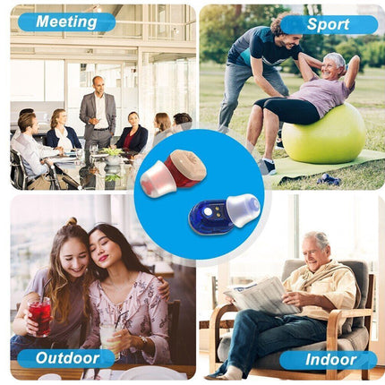 Collage of people in different settings with a focus on earbuds labeled 'Meeting', 'Sport', 'Outdoor', and 'Indoor'.