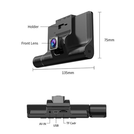 A black dash cam shown with labeled dimensions and feature callouts on a white background, including front lens, holder, 135mm width, 75mm height, and ports labeled AV-IN, USB, and TF Cadr.