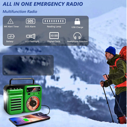 Emergency Weather Radio - 4-in-1 with Solar & Hand-Crank Power | AM/FM/NOAA, Bluetooth Speaker, LED Flashlight, SOS Alarm, 2000mAh Power Bank, RC-15187