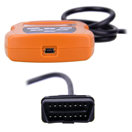 Orange diagnostic tool with cable and connector on a white background