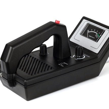 Black metal detector with digital display on a white background
