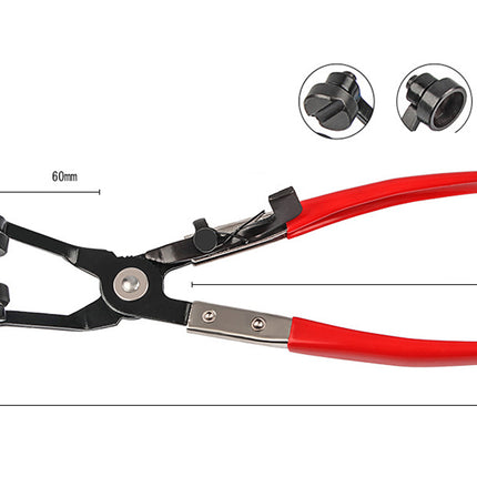 A black and red hand tool with dimension callouts showing 60mm, 135mm, and 235mm measurements, plus two circular inset close-ups at the top right, on a white background.