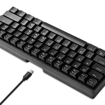 A compact black mechanical keyboard with white lettering on the keys, shown at an angle with its attached black USB cable on a plain white background.
