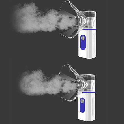 Two handheld steam inhalers emitting mist on a black background