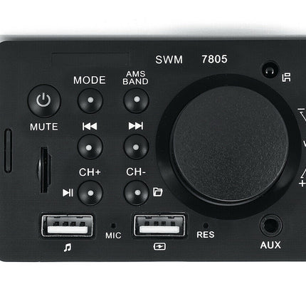 Black audio control panel with buttons and a dial on a white background