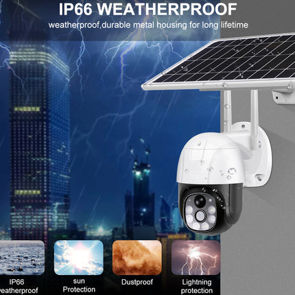 Solar-powered security camera with weatherproof features against a cityscape background