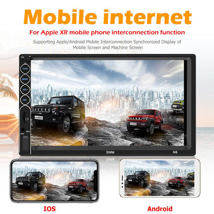 Display of a mobile internet device with car images on screens for iOS and Android.