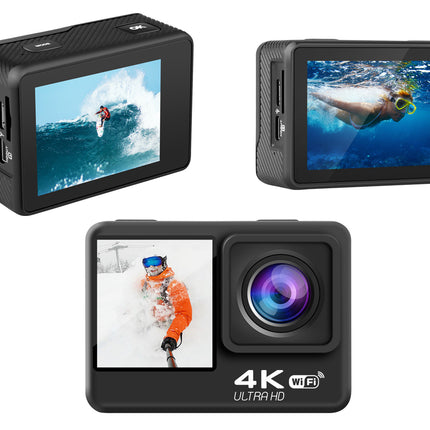 Action camera with screens displaying underwater and snowy activities on a white background