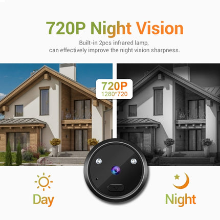 A promotional graphic for a round smart home security camera with night vision. The image features a black circular camera in the foreground, with a split comparison of a house shown in color and in black-and-white to demonstrate 720P night vision.