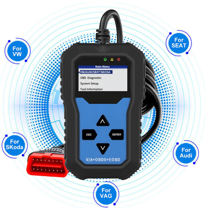 Car diagnostic tool with brand compatibility icons on a white background