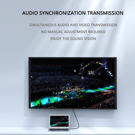 TV screen displaying an event with text about audio synchronization transmission on a white wall.