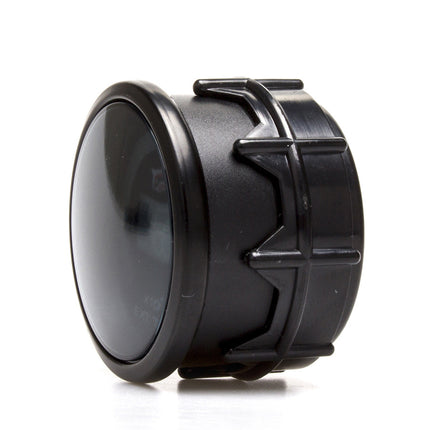 Black circular object with a handle on a white background